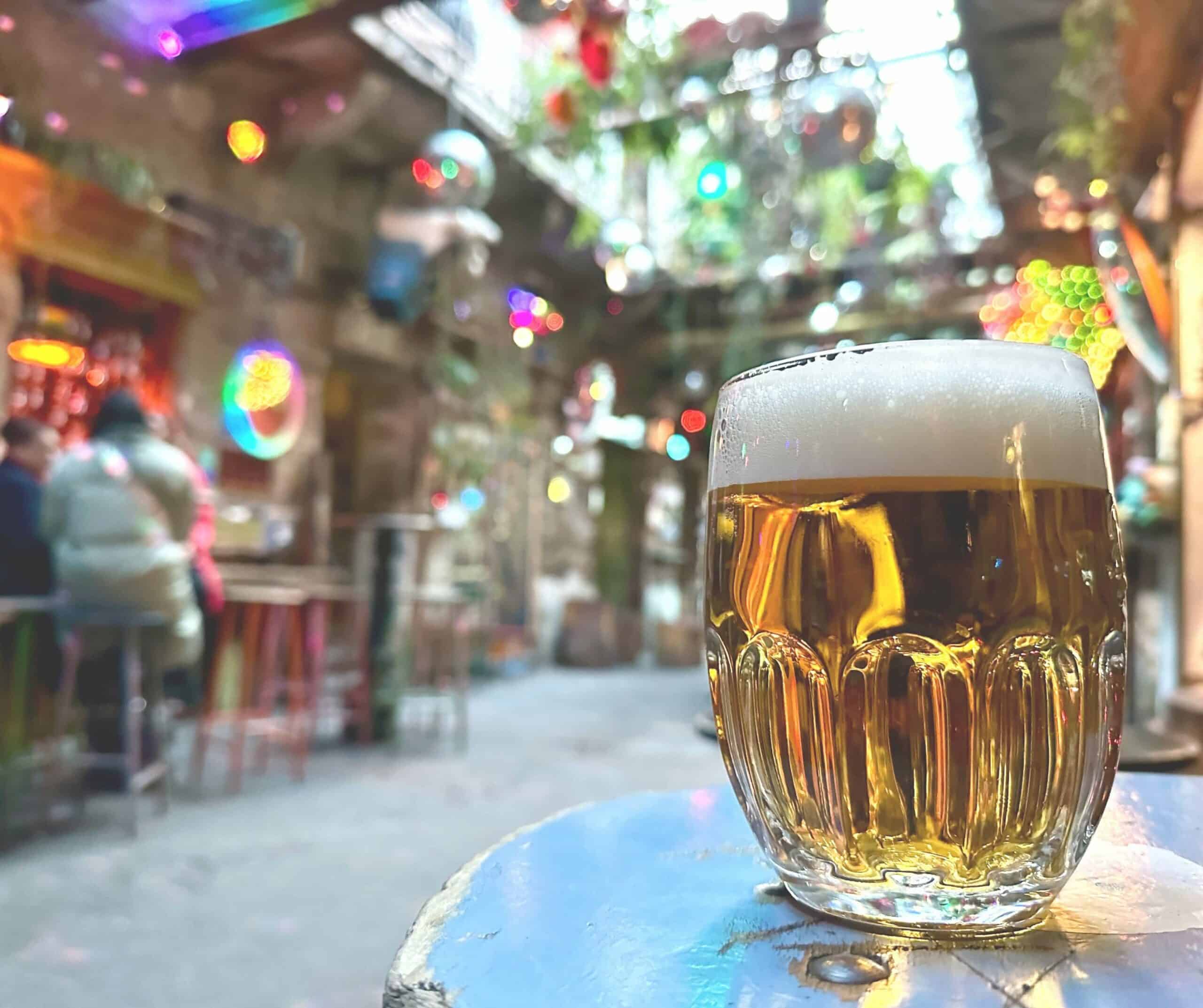 beer on a table at a ruin bar